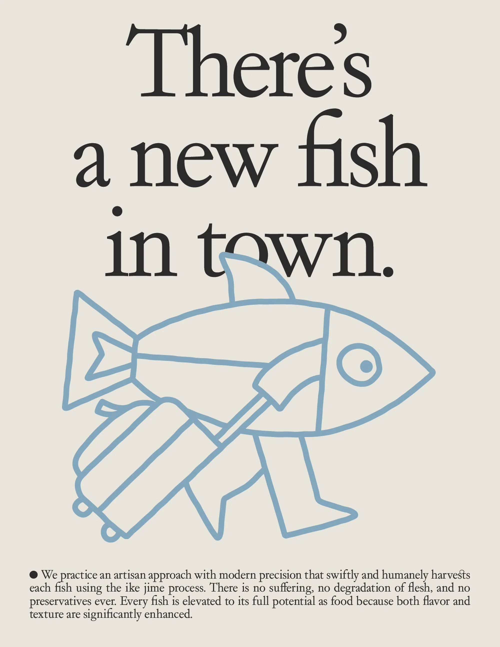 Illustration of a blue line-art fish character with a suitcase, against a beige background with text about artisan fish preparation.