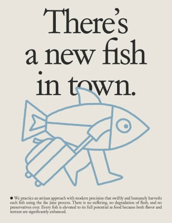 Illustration of a blue line-art fish character with a suitcase, against a beige background with text about artisan fish preparation.