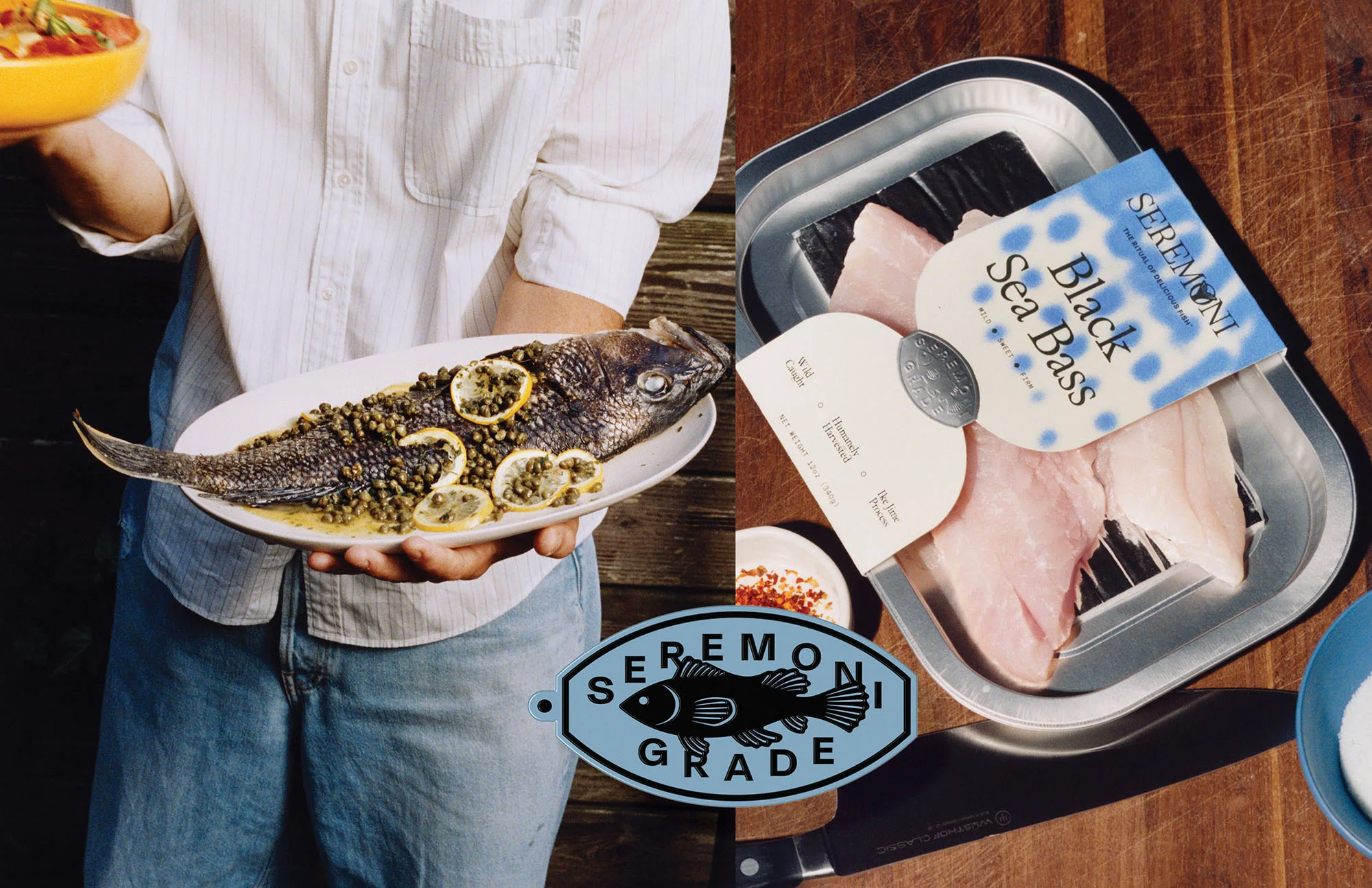 Person holding a plate with prepared fish dish with lemon and capers, and another tray of raw fish fillets and a knife.