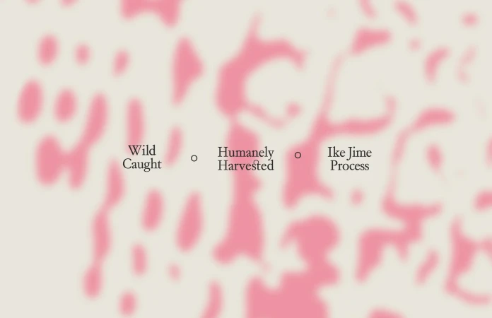 Abstract food and beverage ad background with typography displaying messages about the Ike Jime process and wild caught ingredients.