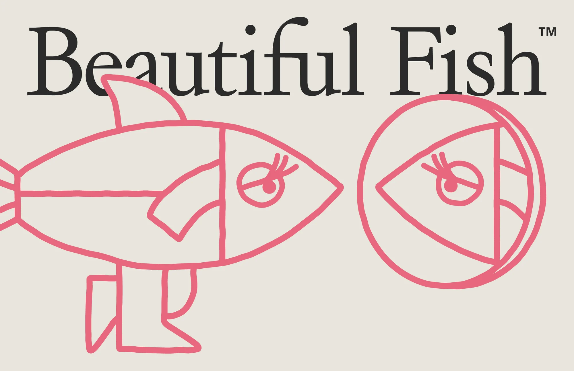 Illustration of two pink line-art fish with cartoon eyes, set against a beige background, next to black 'Beautiful Fish' text.