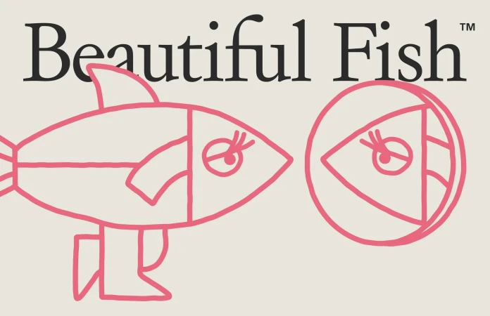 Illustration of two pink line-art fish with cartoon eyes, set against a beige background, next to black 'Beautiful Fish' text.