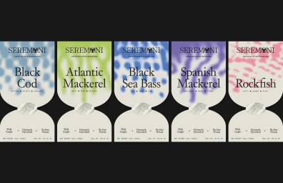 Five Seremoni brand fish packaging labels for black cod, atlantic mackerel, black sea bass, spanish mackerel, and rockfish against dark ground