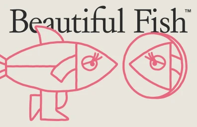 Graphic illustration of a pink outlined fish character and circular form against a cream background with black text