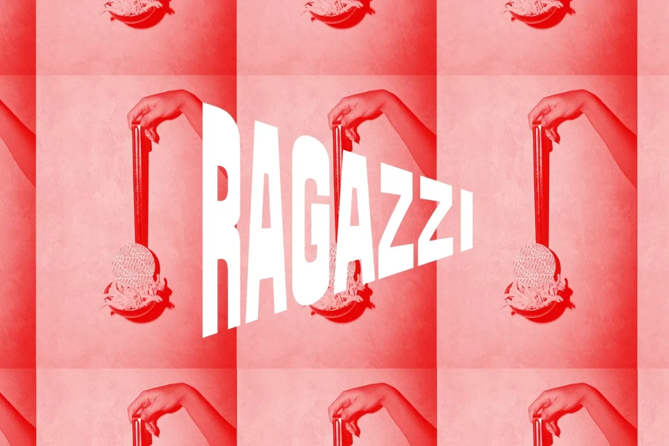 Spaghetti on a ladle held by a person's hand, repeated pattern in pastel red and white, with 'Ragazzi' text overlay.
