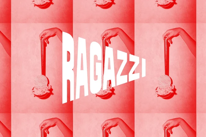 Spaghetti on a ladle held by a person's hand, repeated pattern in pastel red and white, with 'Ragazzi' text overlay.