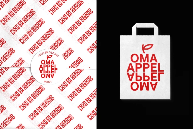 White paper shopping bag with OMA APPEL text in red, against a textured paper background. Clean, minimalist food branding design.