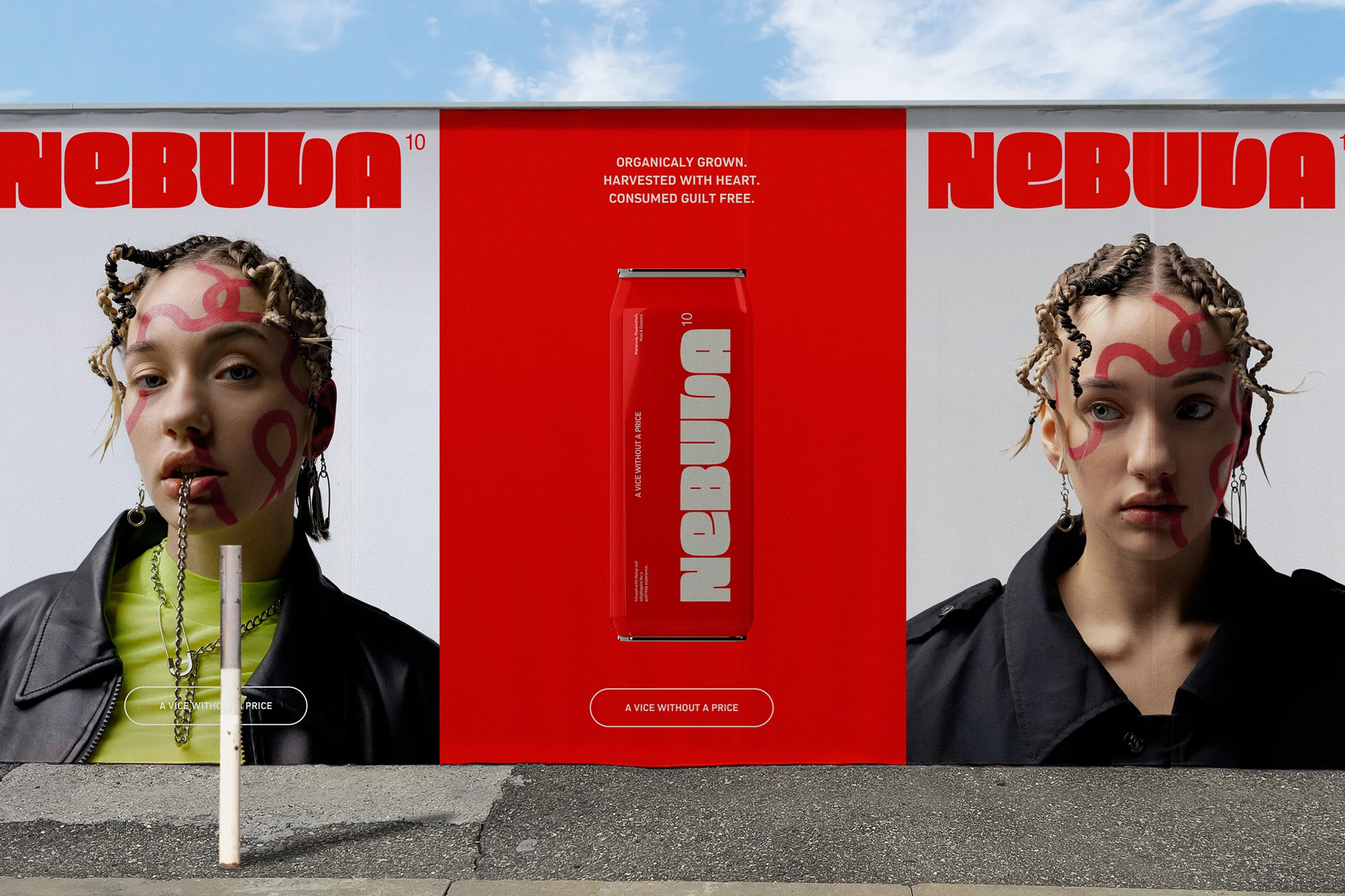 Billboard ad featuring two young women with red face paint flanking a red Nebula beverage can against a cloudy blue sky.