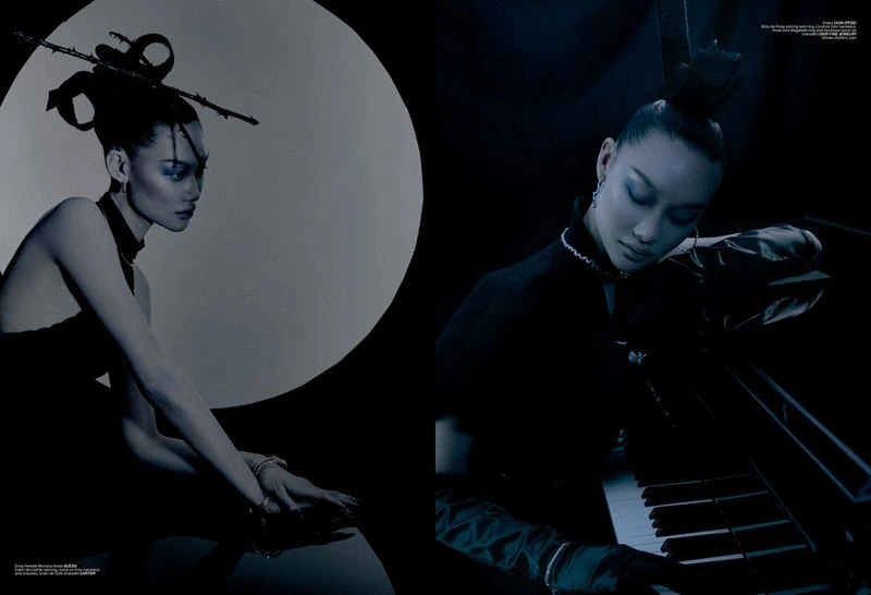 Two shots of an adult woman in dark clothing. One image features an elaborate floral headpiece, while the other depicts piano keys.