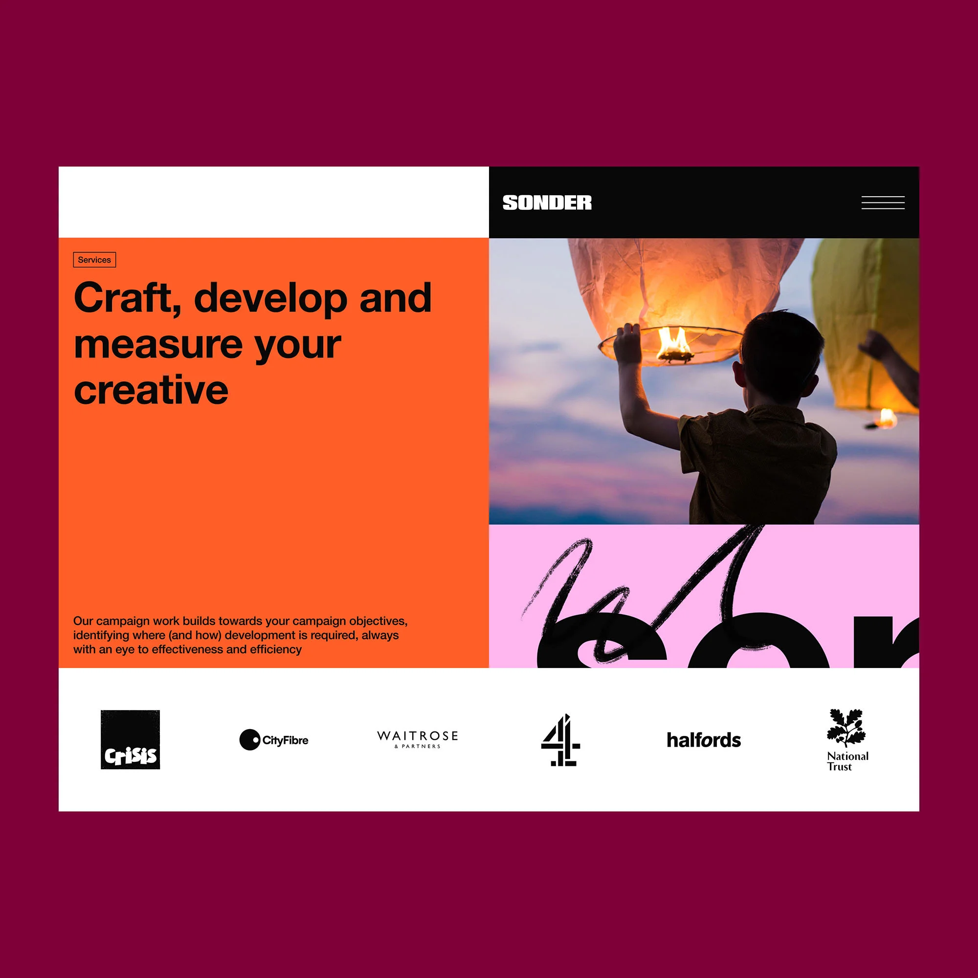Website graphic for Sonder featuring a child holding a lantern against a dusk sky, alongside bold text, logos and brand design elements.