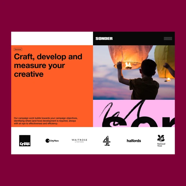Website graphic for Sonder featuring a child holding a lantern against a dusk sky, alongside bold text, logos and brand design elements.