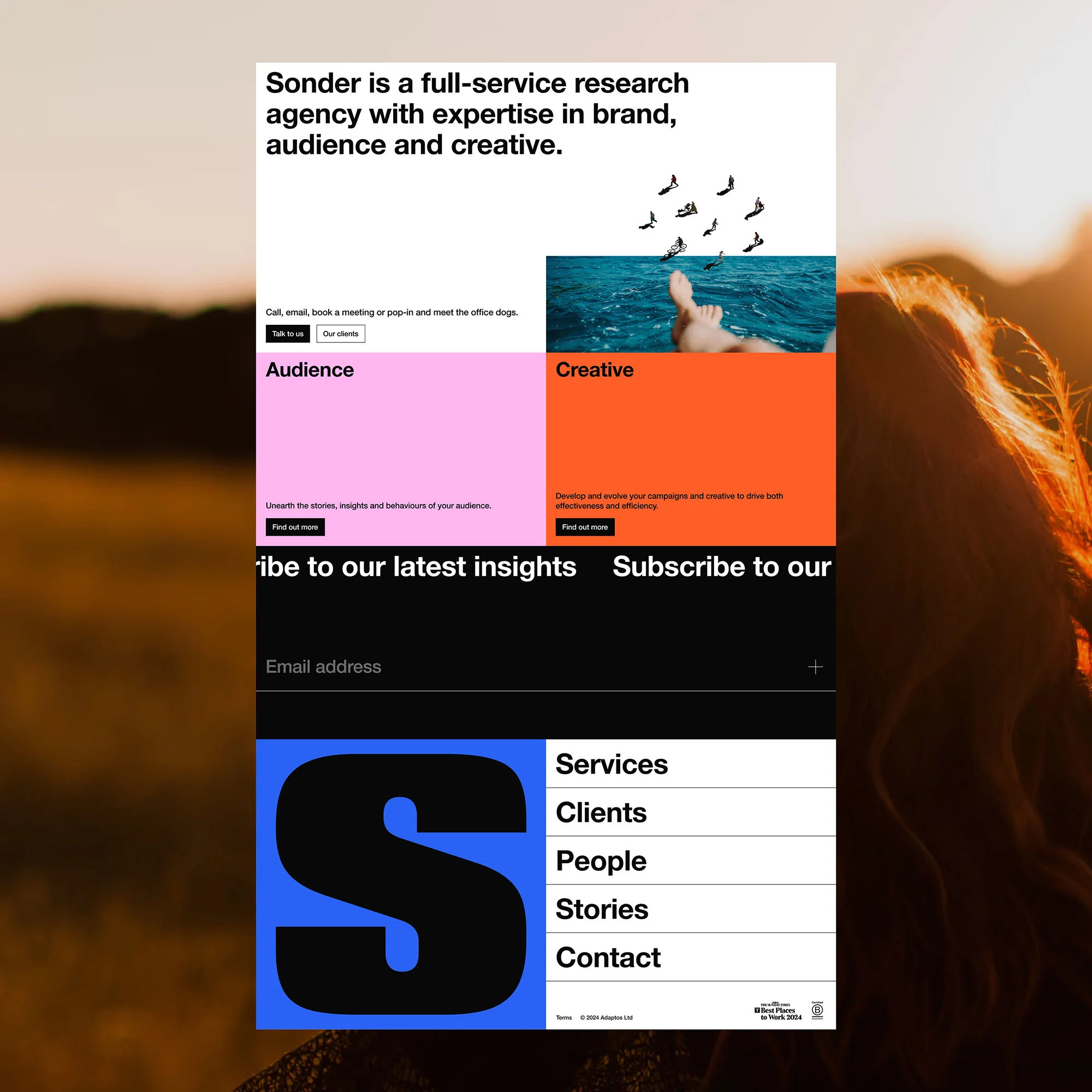 Website design featuring brand research agency with text overlays and a bright color palette, incorporating sunset and blurred human form.