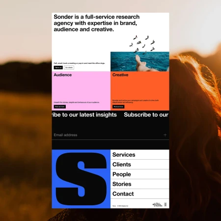 Website design featuring brand research agency with text overlays and a bright color palette, incorporating sunset and blurred human form.