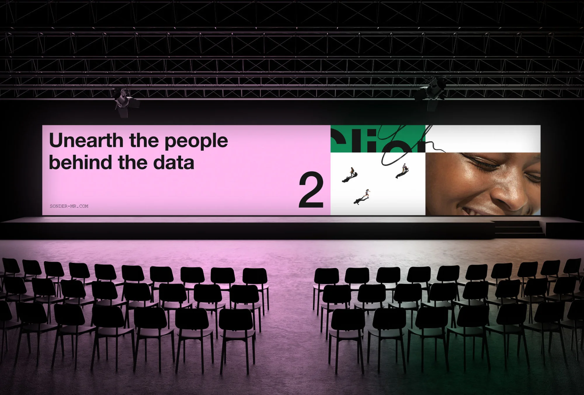 A staged presentation setup features a modern screen displaying mixed media including text and an eye-level shot of an African female.
