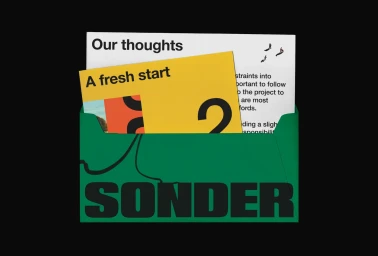 Graphic design brand identity for Sonder showing printed cards emerging from a green envelope against a black background.