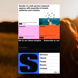 Sonder brand identity website design layout featuring clean typography blocks, vibrant color panels, and navigation menu.