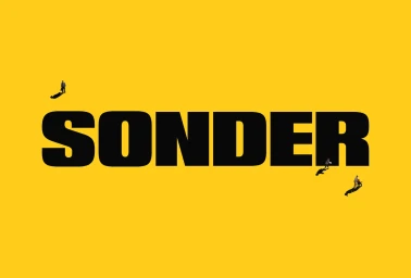 Bold yellow brand identity image featuring the word SONDER in heavy black typography with tiny figures nearby