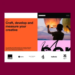 Website interface design for Sonder showing typography, brand logo, and split sections with orange and photographic panels.