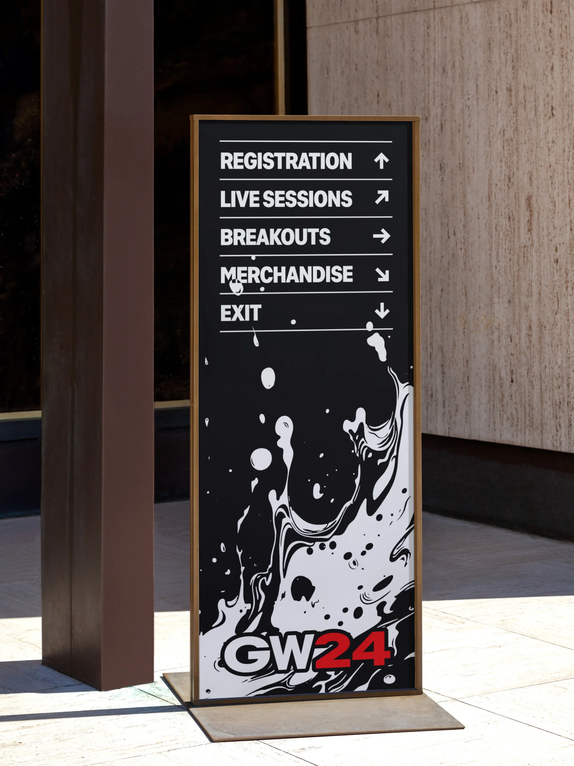 Directional signage with a black background shows registration, live sessions, breakouts, merchandise, and exit locations with arrows.