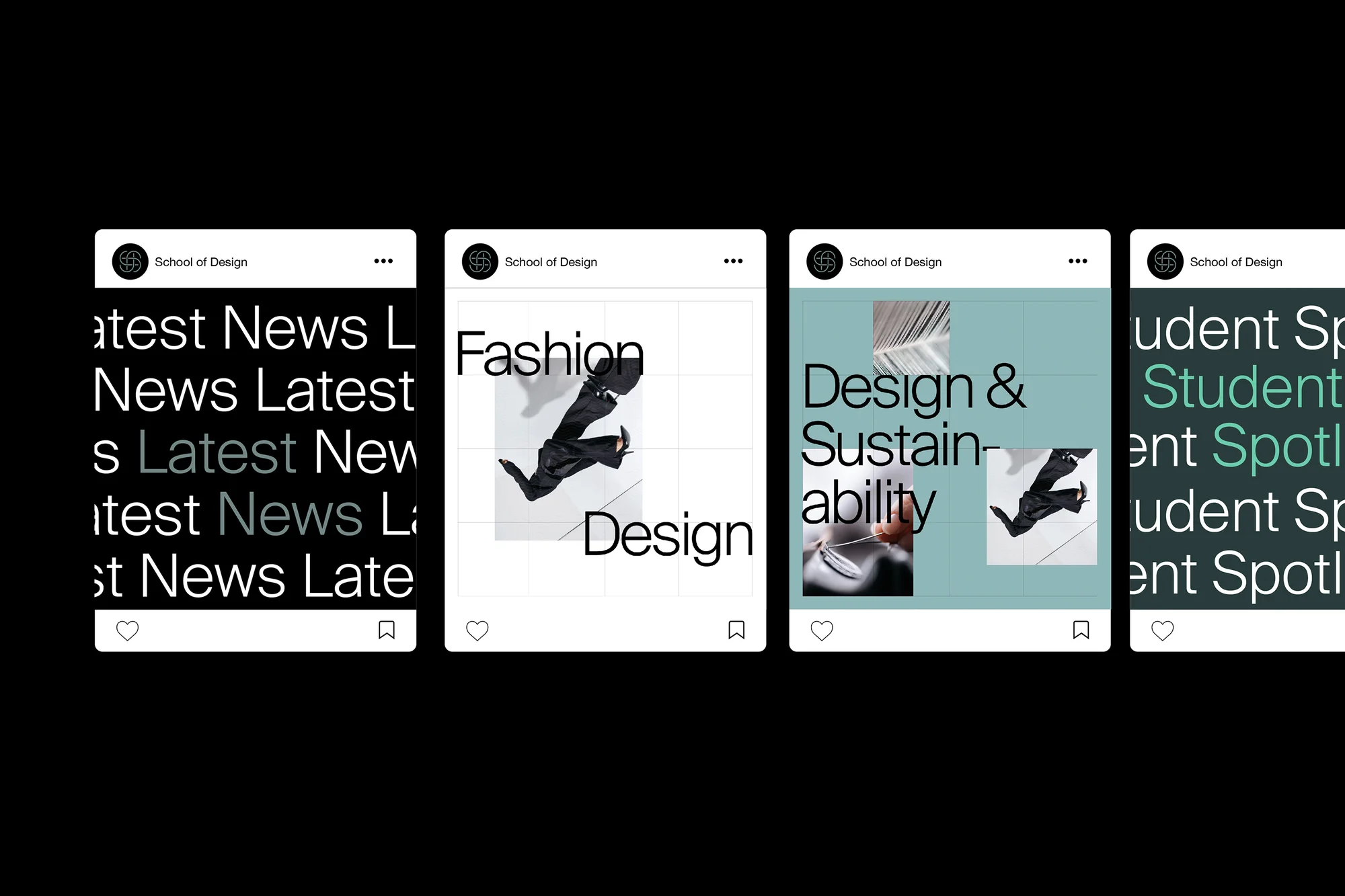 Multiple social media posts by a design school, featuring fashion design and sustainability with black text over a black background.