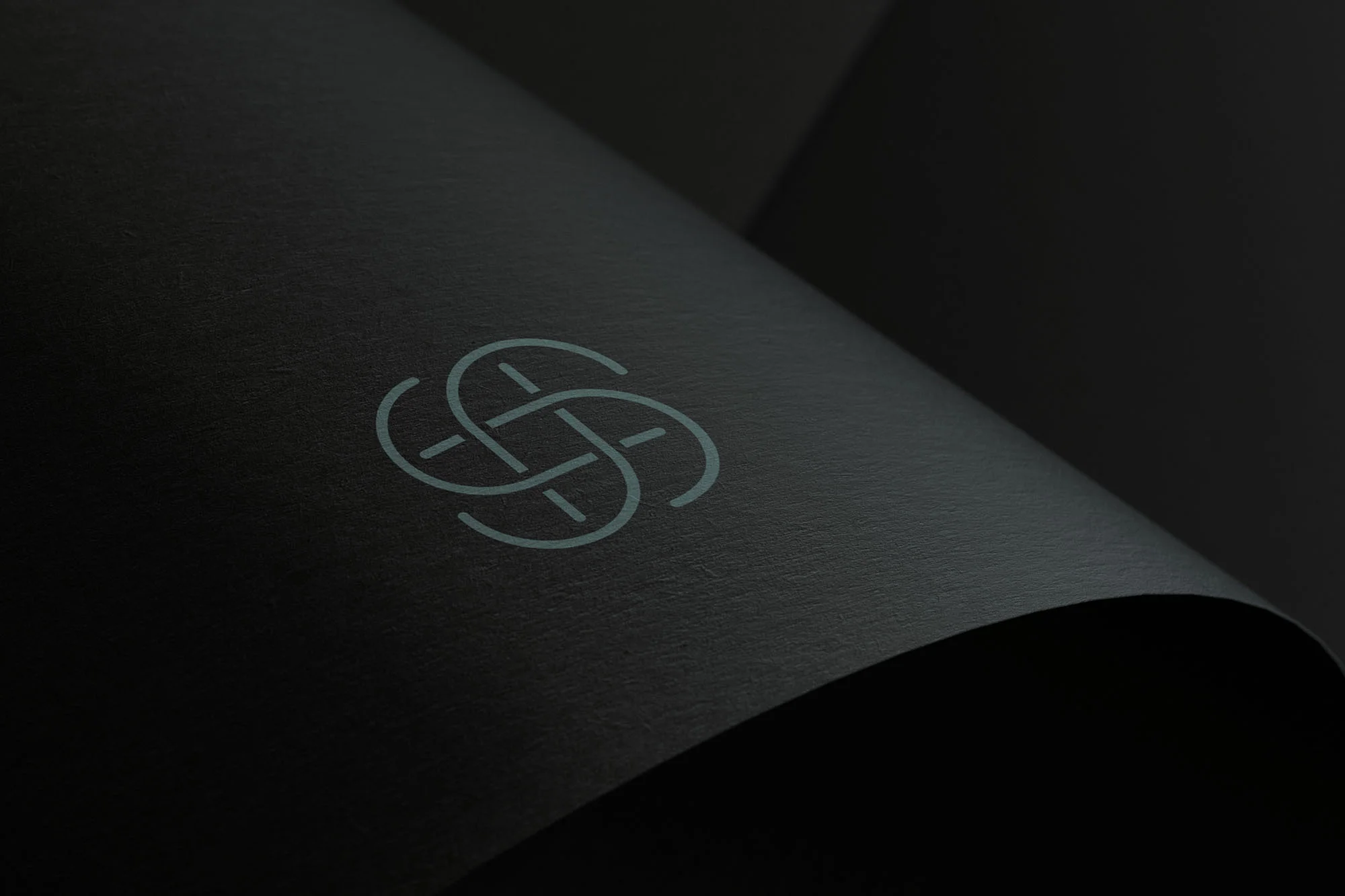 Abstract design on black paper. The design features interlocking shapes and clean lines, creating a minimalist logo or artistic symbol.
