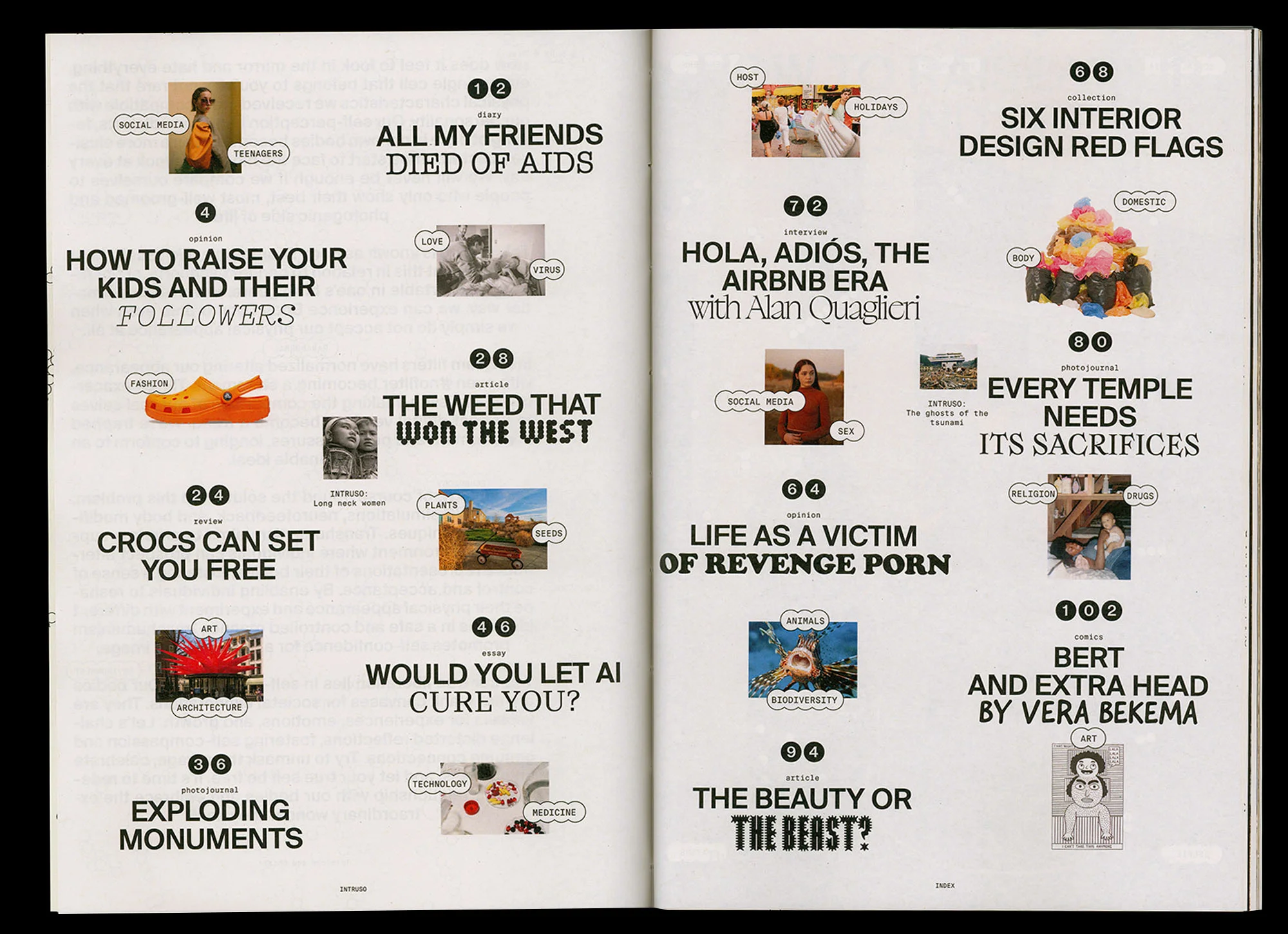 Magazine spread with articles on topics like social media, technology, relationships, architecture, and beauty, with accompanying photos and text.