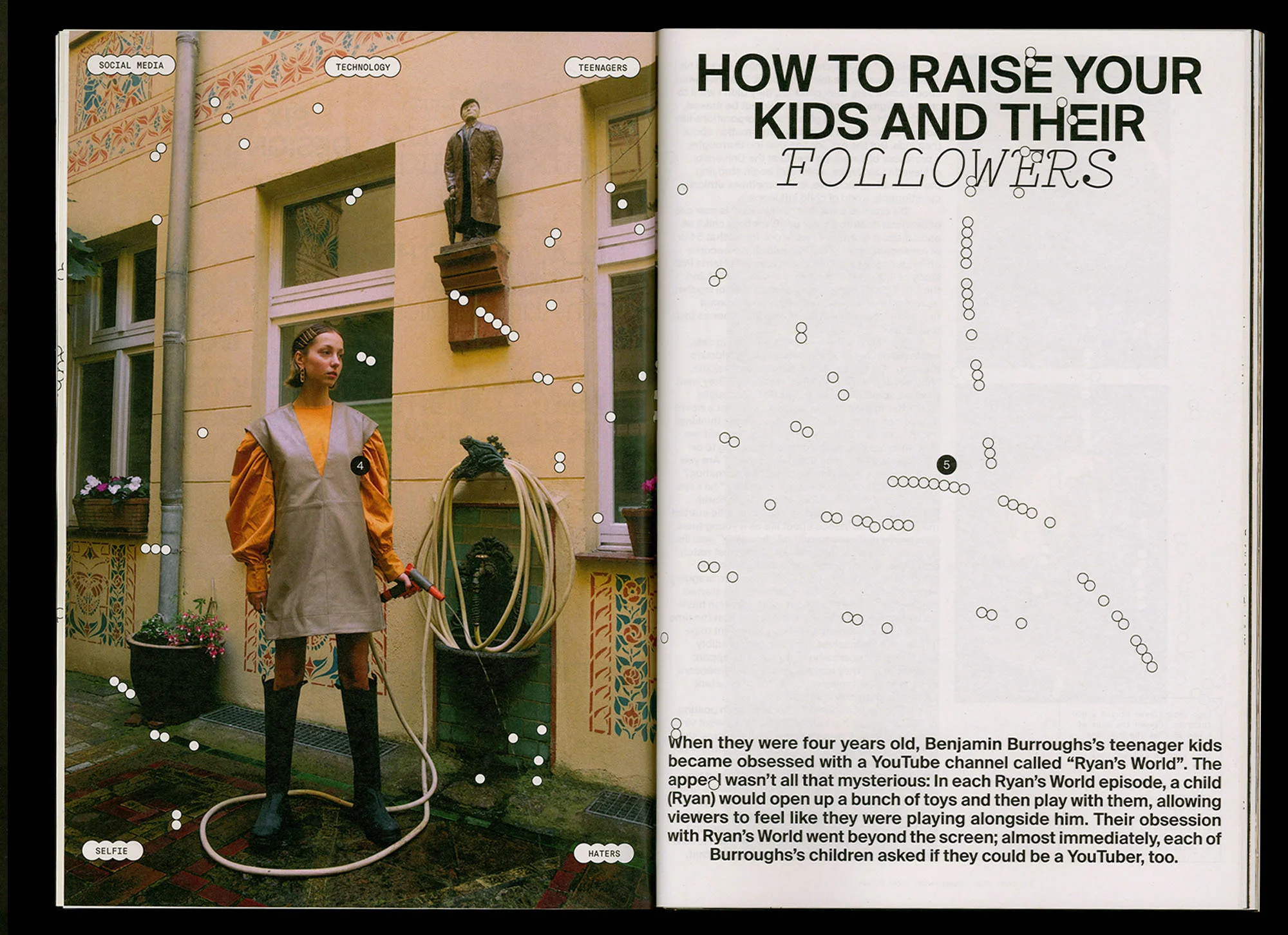 Editorial fashion shot of a model holding a water hose in a courtyard with vintage architecture, showcasing yellow and grey tones.