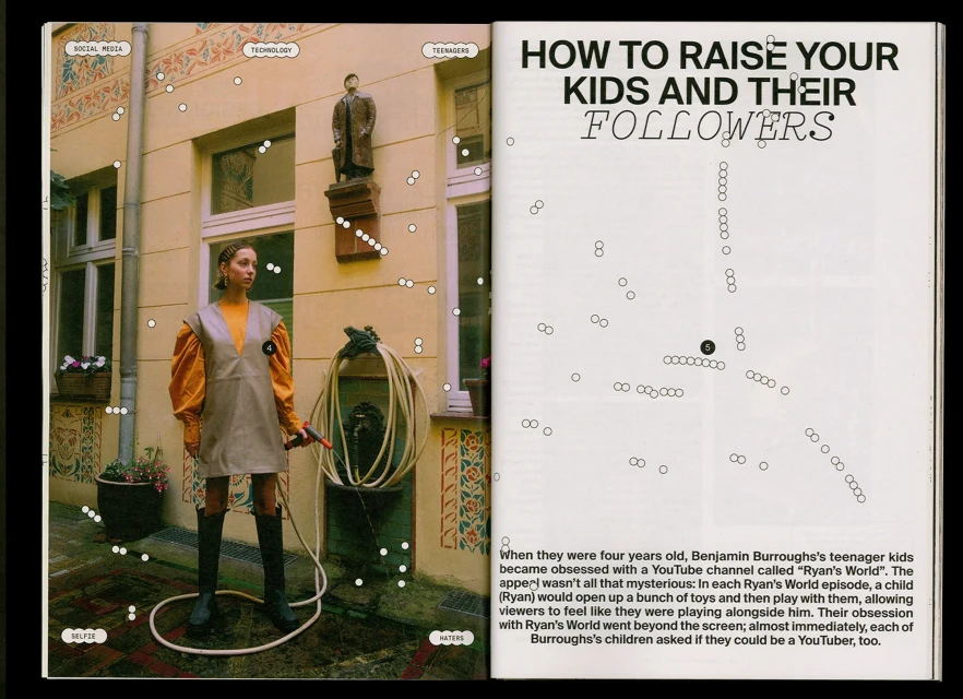Editorial fashion shot of a model holding a water hose in a courtyard with vintage architecture, showcasing yellow and grey tones.