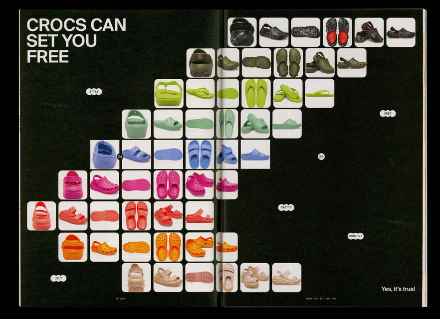 Crocs ad with multiple clogs and sandals in various colors displayed against a dark background featuring text and minimalist design.