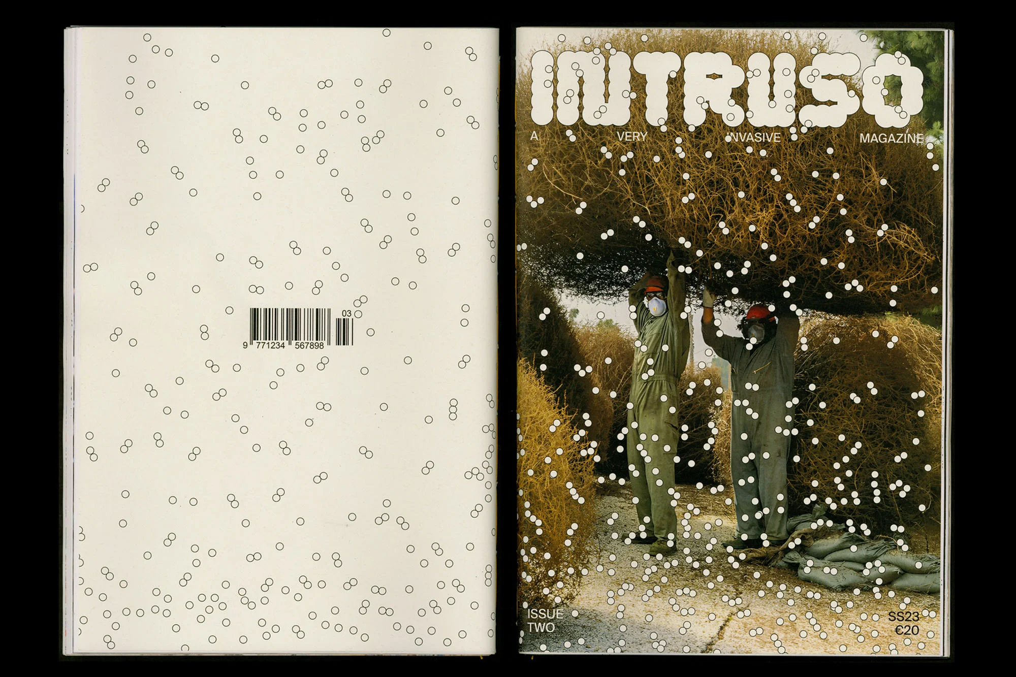 Magazine cover featuring two workers carrying tumbleweeds, with a dotted overlay and a clean white back cover also with dots.