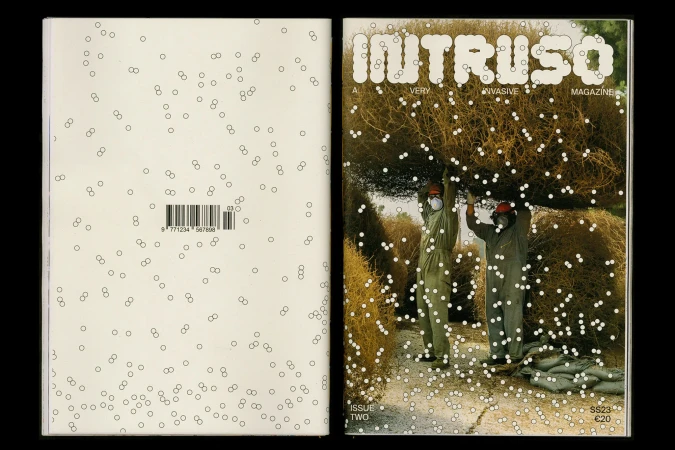Magazine cover featuring two workers carrying tumbleweeds, with a dotted overlay and a clean white back cover also with dots.