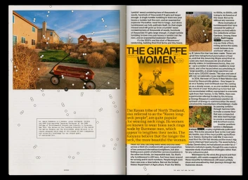 Spread from a graphic design project featuring magazine layout with typography, text columns, a red wagon, and tumbleweeds.