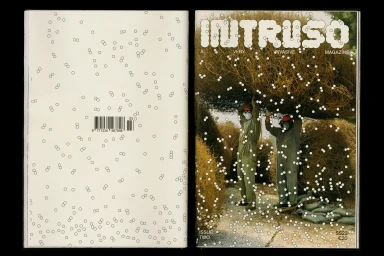 Spread of Intruso magazine showing a white page with scattered circle patterns on the left and two people lifting foliage on the right.
