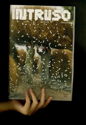 Magazine cover titled INTRUSO featuring two workers in protective gear holding a large brush pile under a white dot pattern overlay.
