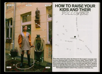 Spread showing a woman in a grey tunic holding a garden hose on the left and bold headline text on the right page.