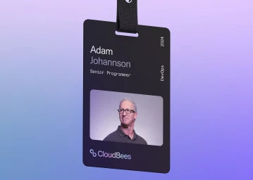 Black ID badge hanging from a lanyard against a blurred purple and blue gradient background with text reading Adam Johannson and CloudBees logo