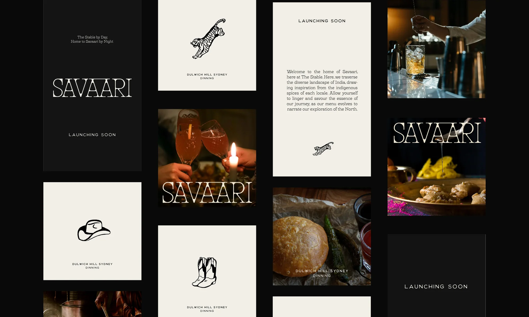 Collage of promotional images for Savaari restaurant in Dulwich Hill, Sydney, featuring food, drinks, and branding materials.