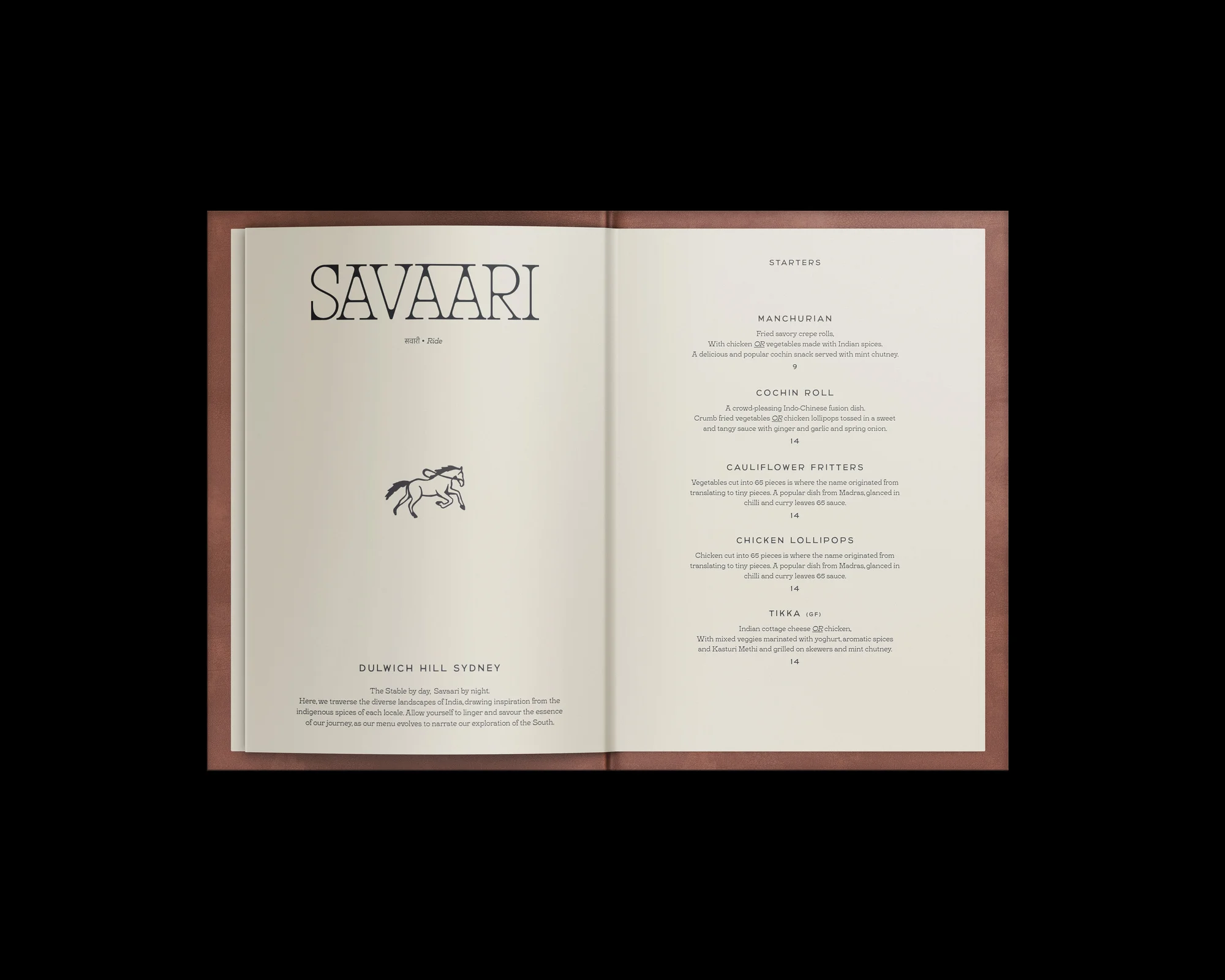 An open restaurant menu features the restaurant name, Savaari, and dishes such as Manchurian, Cochin Roll, and Cauliflower Fritters.