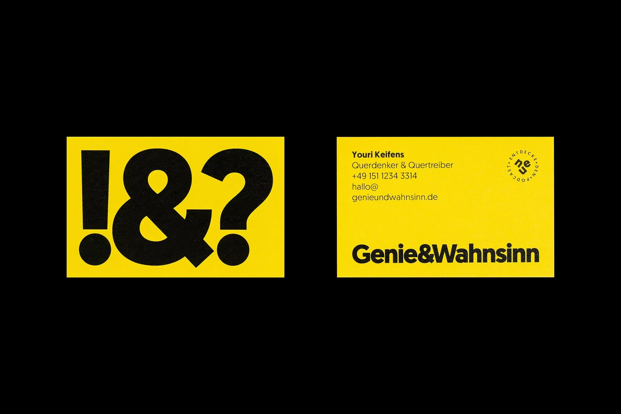 Bold graphic design featuring a yellow card with black punctuation marks and a business card with contact information.