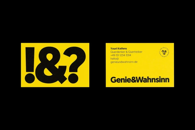 Bold graphic design featuring a yellow card with black punctuation marks and a business card with contact information.