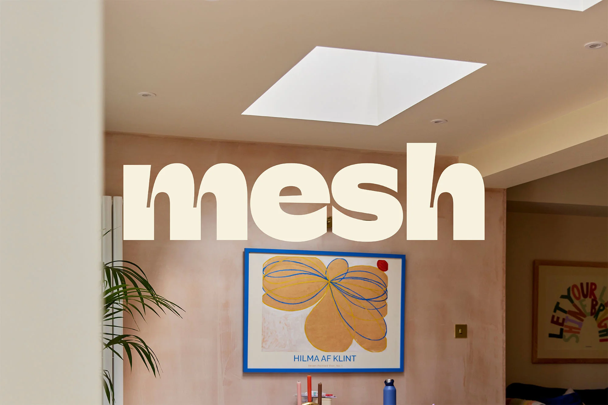 A brightly lit interior shot with a pink wall, framed art, green houseplant, and the word "mesh" overlaid on the wall.