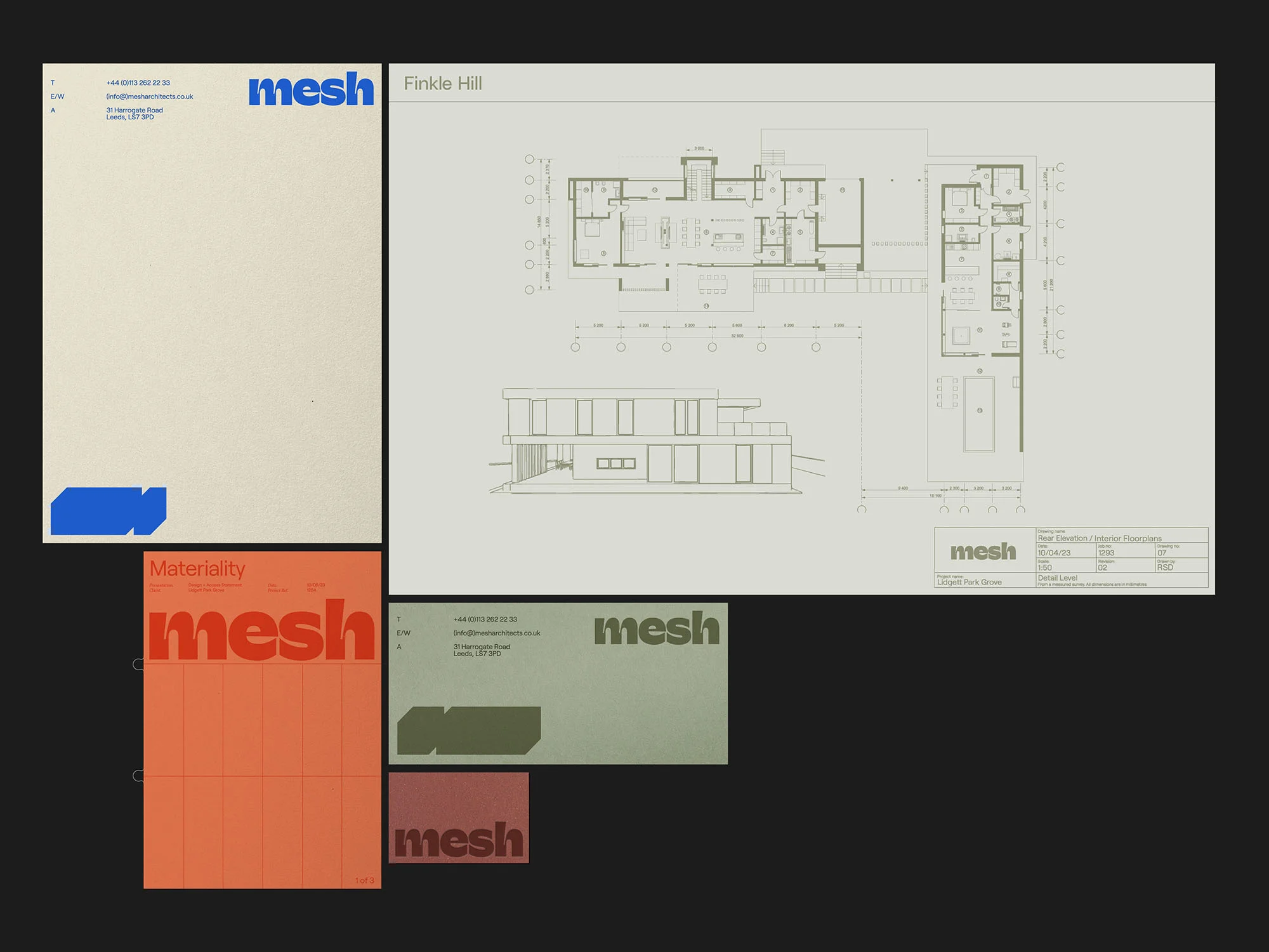 Architectural drawings and brand identity materials for Mesh, featuring building plans, elevations, and logo on various paper colors.
