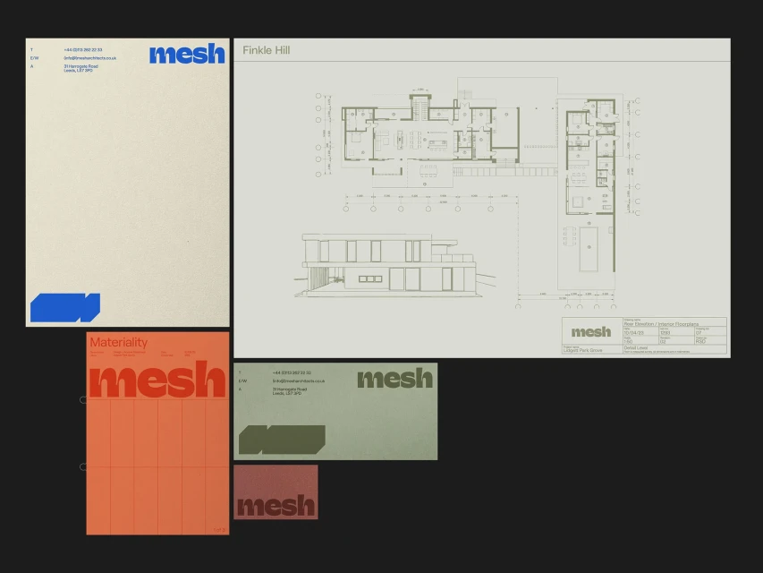 Architectural drawings and brand identity materials for Mesh, featuring building plans, elevations, and logo on various paper colors.
