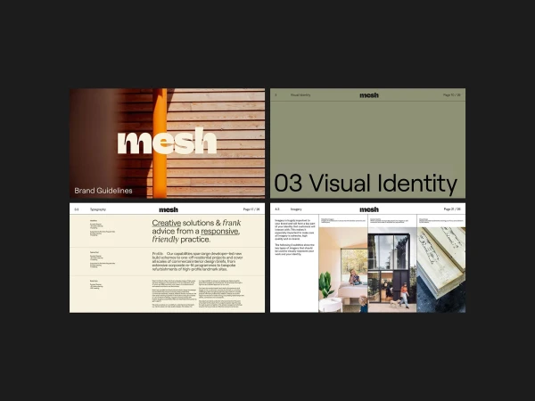 Graphic design layout featuring the Mesh logo and brand guidelines, set against a background of wooden planks and minimalist text.
