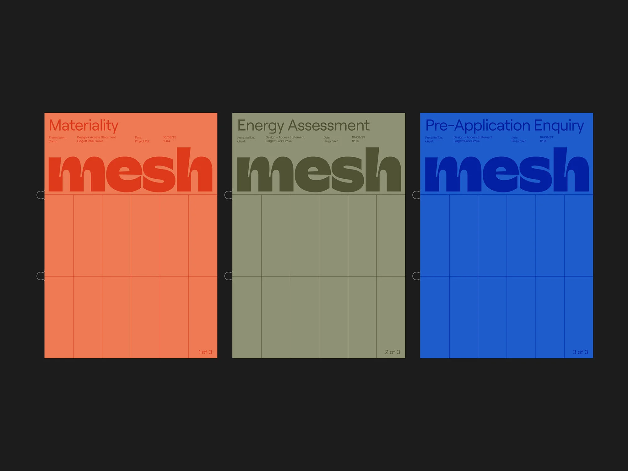 Three posters are displayed side-by-side in a grid-like layout with the word 'mesh' in bold, block letters in orange, green and blue.