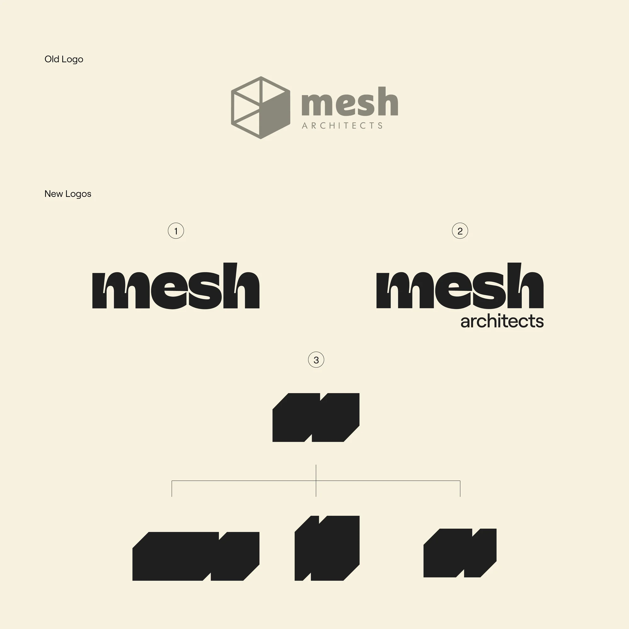 Mesh Architects logo variations, including old and new designs, showcase evolution of brand identity with different typography and geometric shapes.