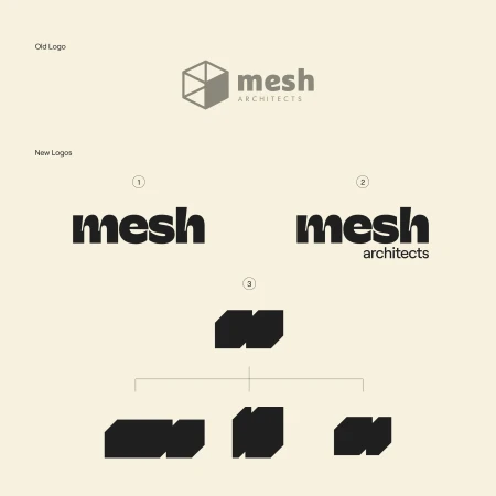Mesh Architects logo variations, including old and new designs, showcase evolution of brand identity with different typography and geometric shapes.