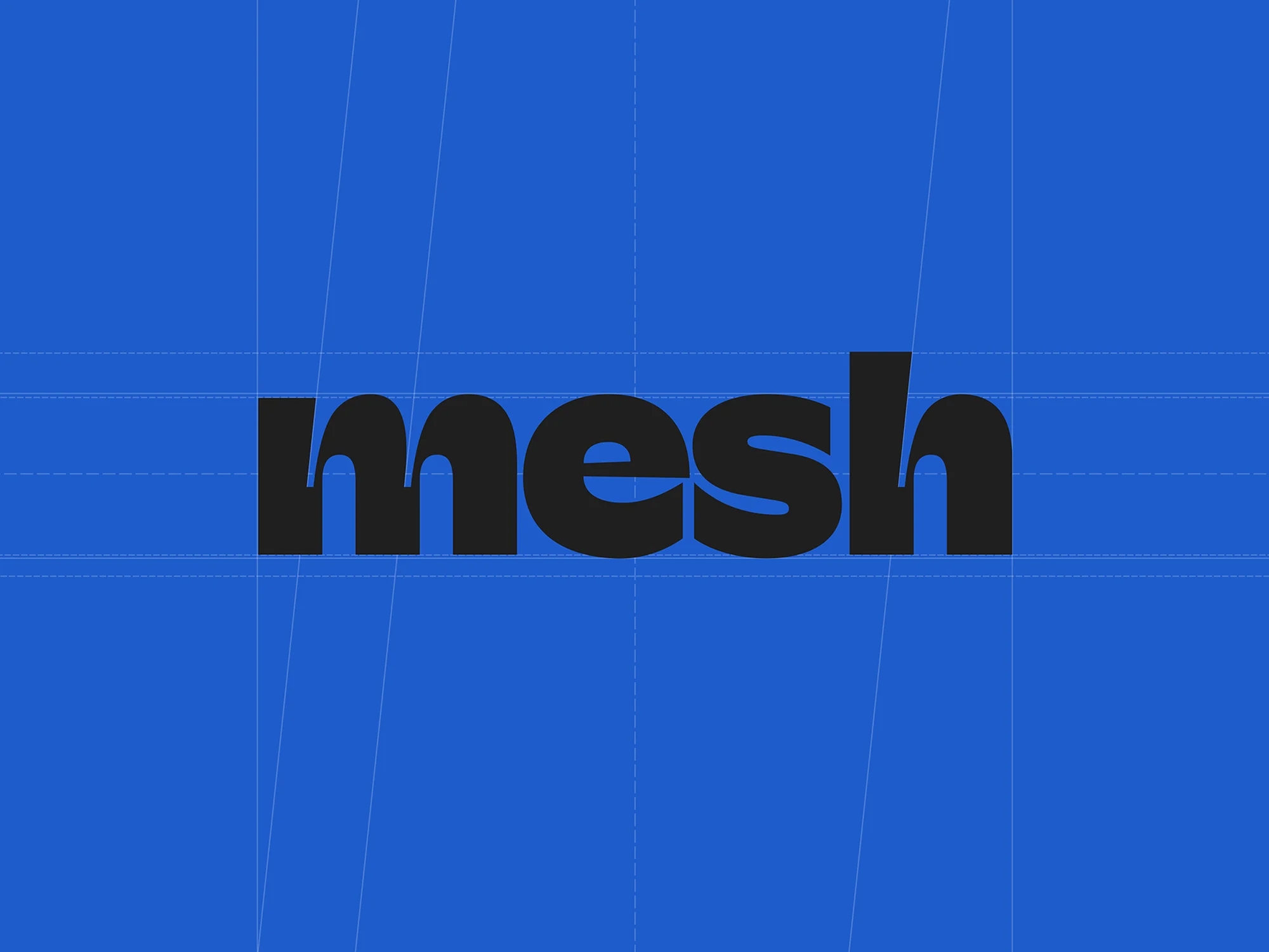 Black 'mesh' typography with rounded sans-serif font on a blue background intersected by a thin white grid creates a tech-forward design.