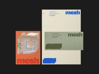 Graphic design brand identity collateral for Mesh Architects featuring letterhead, business cards, and geometric typography.