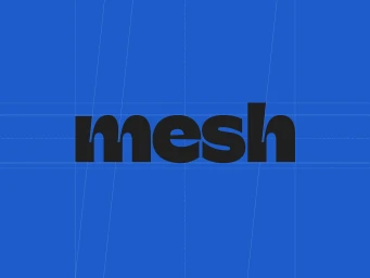 Blue graphic design brand identity layout featuring the word mesh in black lowercase typography over grid lines